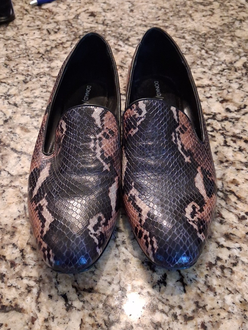 Donald J. Pliner Black and Brown Snake-Print Loafers